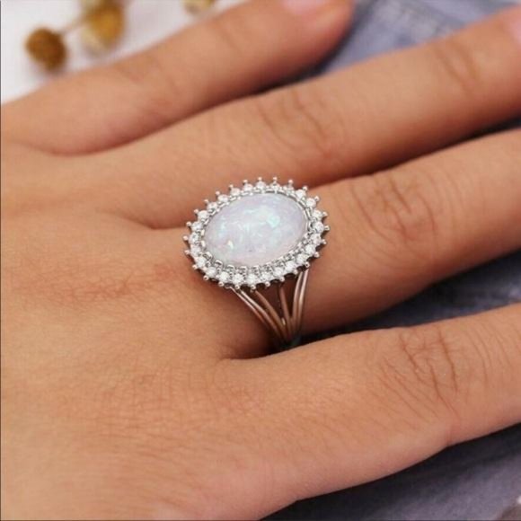 NEW HUGE OPAL DIAMOND HALO STERLING SILVER RING - Picture 2 of 5